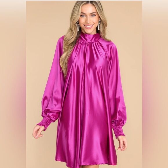 Aura Dresses & Skirts - Aura Gift To Us Fuchsia Satin Swing Dress Tie Back Mock Neck Fuchsia Pink M NWT